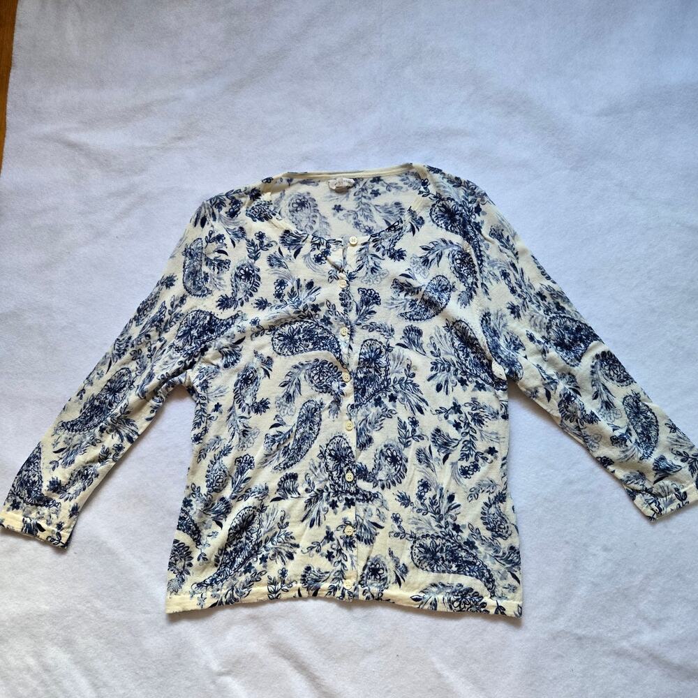 Garnet Hill Women’s Merino Wool Sweater Cardigan Blue White, XL, Eco Signature